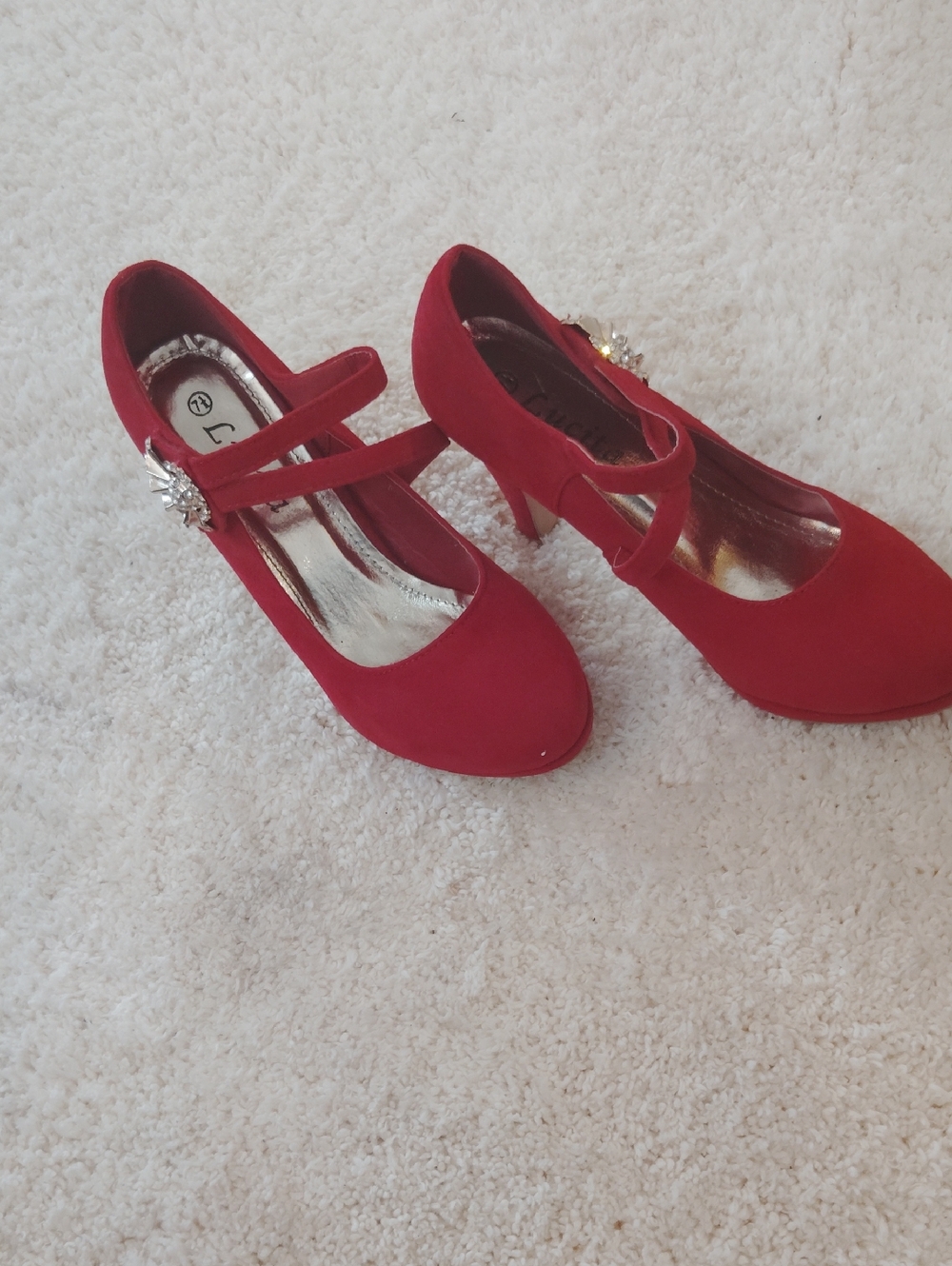Red Mary Jane Heels with Decorative Rhinestone Buckle